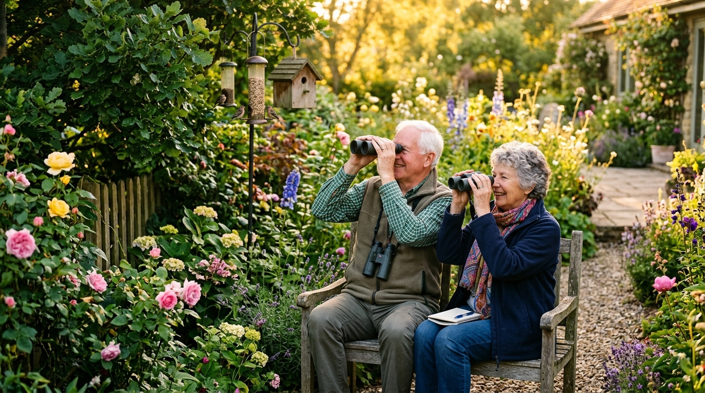 Friendly older couple birdwatching in a garden