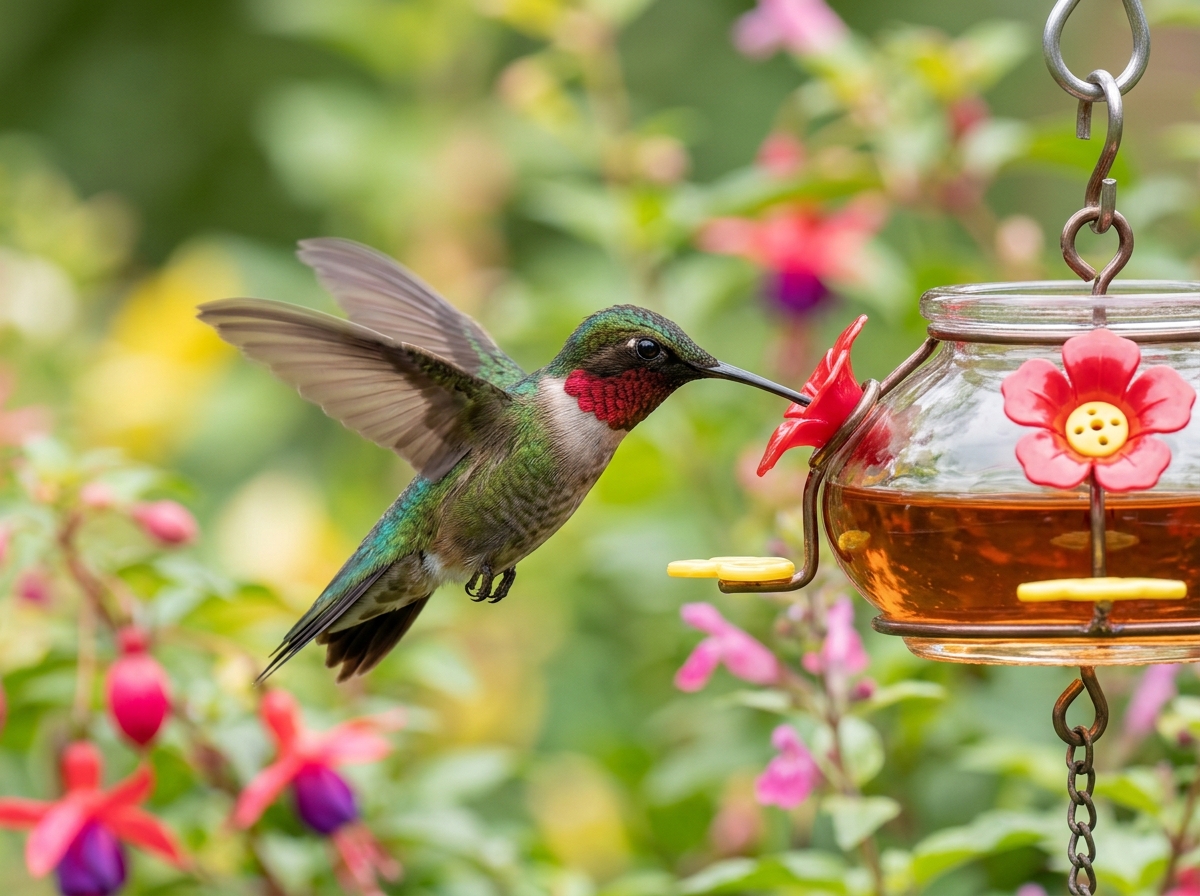 Hummingbird hovering near a beautiful feeder