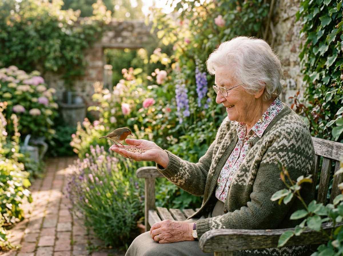 Elderly person gently feeding a small bird