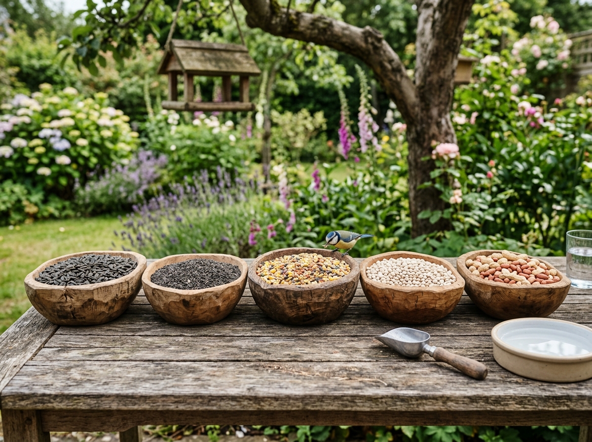 Various high-quality bird seeds in wooden bowls